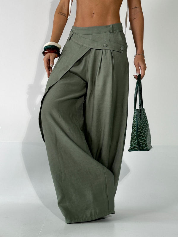 PANTALÓN LINO BOTONES MILITAR